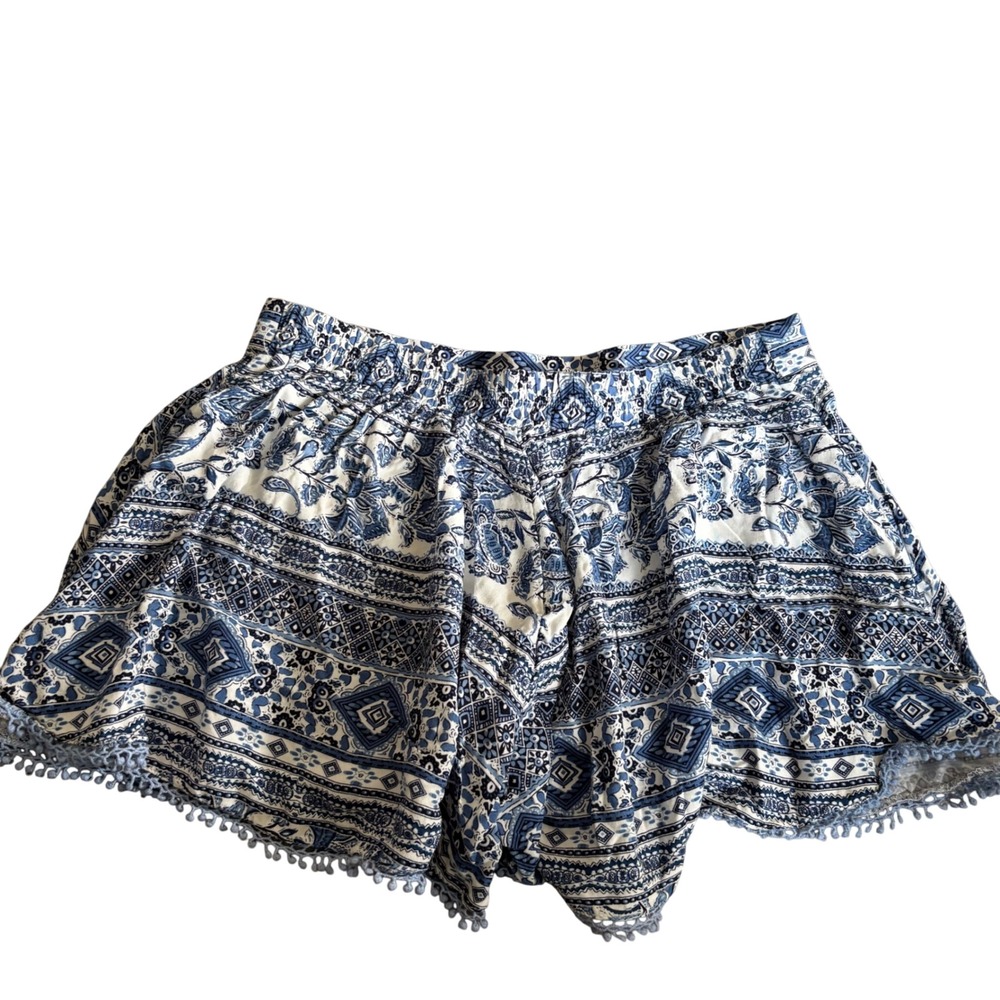 Altar'd State Shorts Womens Medium Blue Boho Paisley Pom Pom Trim